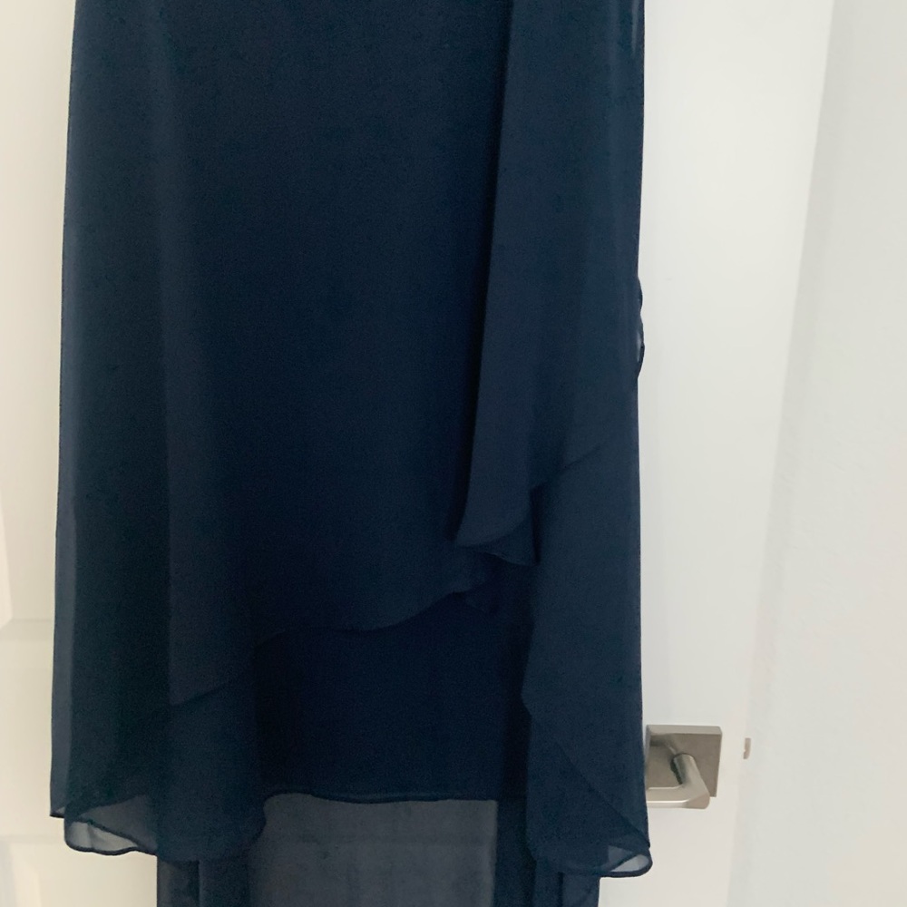 NWT Navy polyester sheer longer back dress with front sheer drape. - Picture 3 of 5